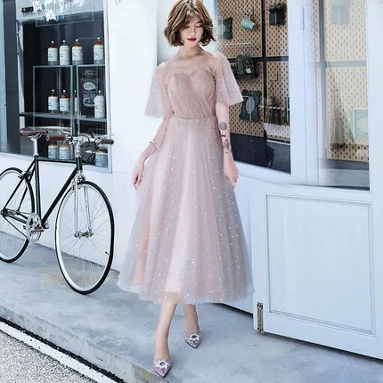 O-Neck Mid-length Это Yiiya коктейльные платья, элегантные коктейльные платья с рюшами и открытыми плечами, с блестками, LF211, Коктейльные Вечерние платья с вырезом лодочкой - Цвет: O-Neck Mid-length