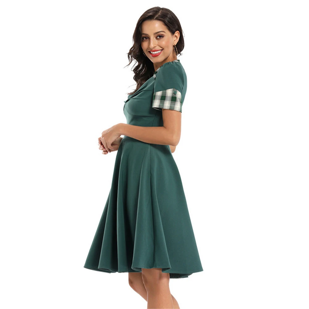 Spring Summer New 50s Vintage Green Big Swing Dress Sexy Fashion Deep V Pleated Dresses Solid Color Plaid Women Clothing 2020