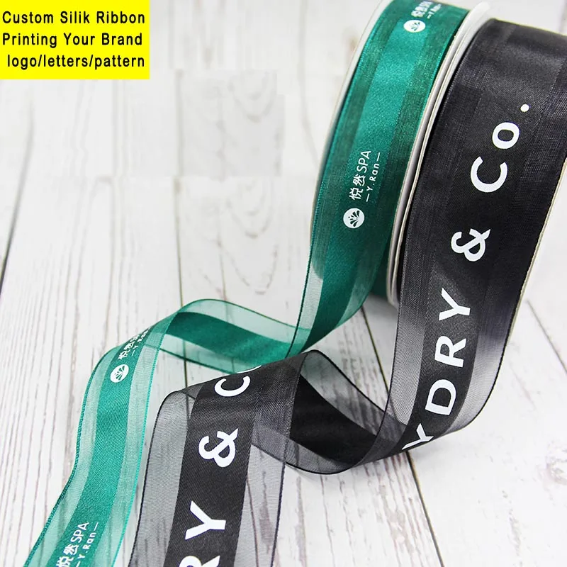 

100 Yard Customized Logo Printing Gift 3D Gold Printed Silk Shair bundle's Lace Ribbons tape/ Kraft box Packaging Bud Ribbon