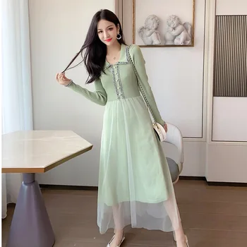 

Photo Shoot 2020 Autumn Clothing French GIRL'S Immortal of Gauze Joint Mid-length Long Sleeve Jersey Dress