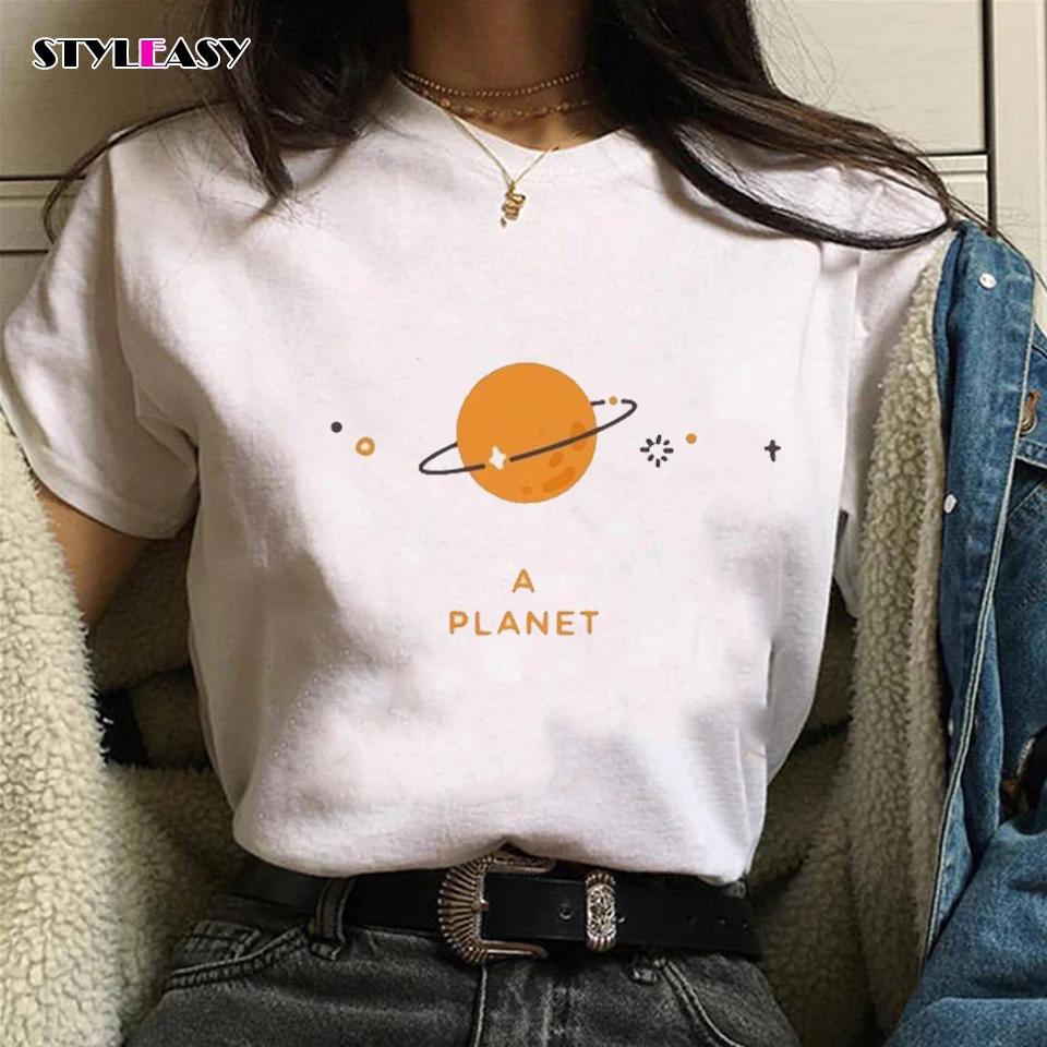 Женская Винтажная футболка с коротким рукавом и круглым вырезом принтом Saturn