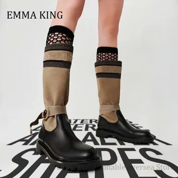 

Genuine Leather Thick Heel Knee High Boots Woman Slip On Gothic Military Boot Autumn Winter Designer Motorcycle Women Boots 2020