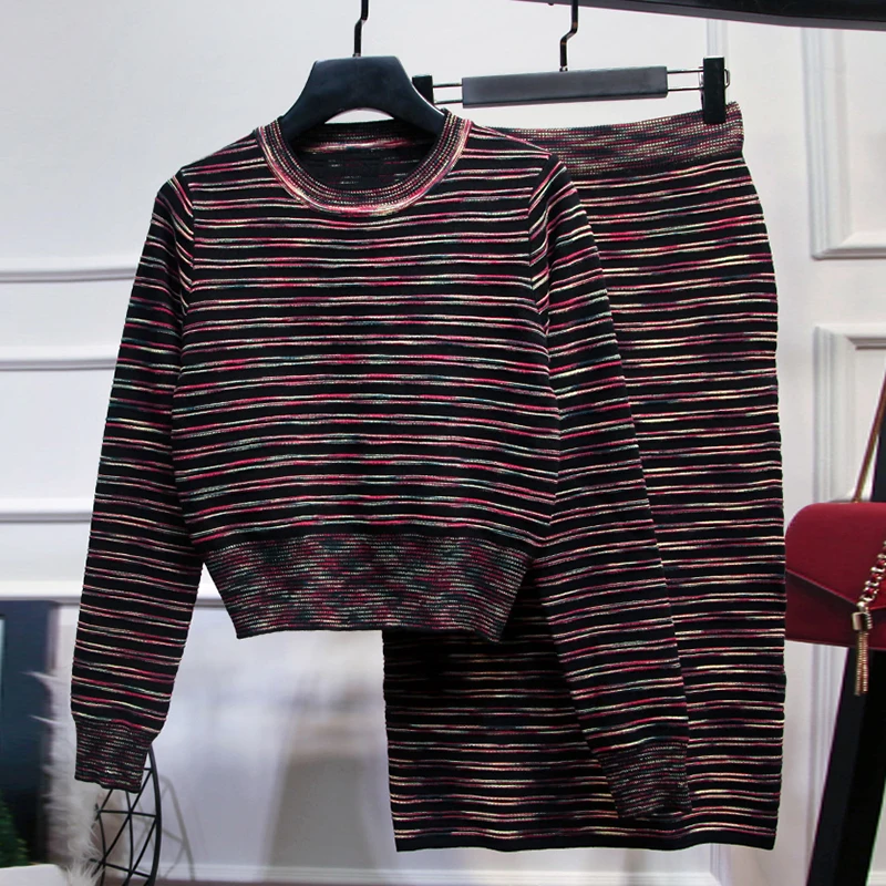 Высокий уличный стильный осенне-зимний подиумный костюм комплект женский полосатый свитер трикотажная юбка комплект