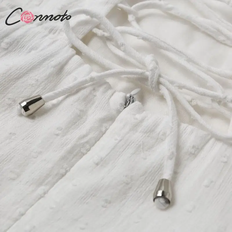 Conmoto, сексуальное, с открытой спиной, с перекрестной шнуровкой, белое короткое платье, женское, высокая талия, тонкое, плиссированное, мини платье, для девушек, повседневное, в горошек, Vestidos