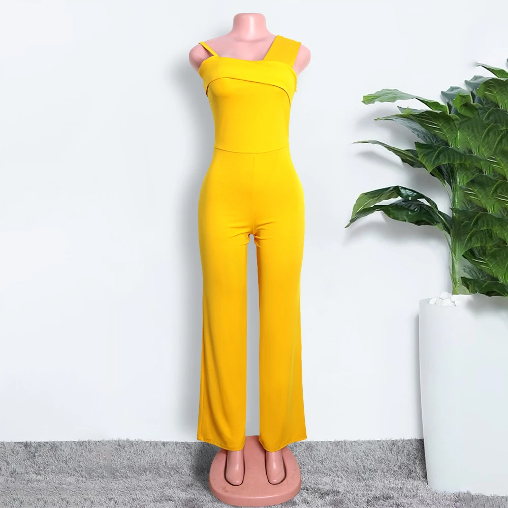 Women One Shoulder Sexy Jumpsuits Irregular Sleeve Elastic High Waist Wide Leg Spring Summer Overall Bodysuit Female Plus Size