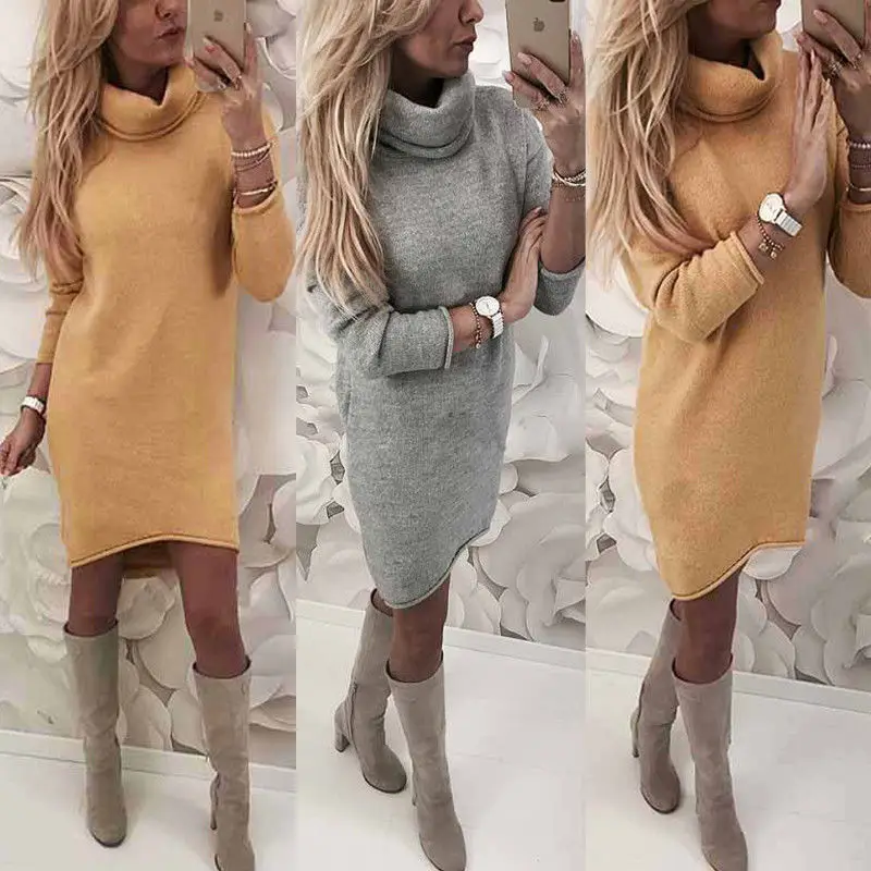 

Womens Knitted Sweater 2019 Autumn&Winter Jumper Turtleneck Mini Dress Ladies Knitwear Winter Long Sleeve Dress L0052