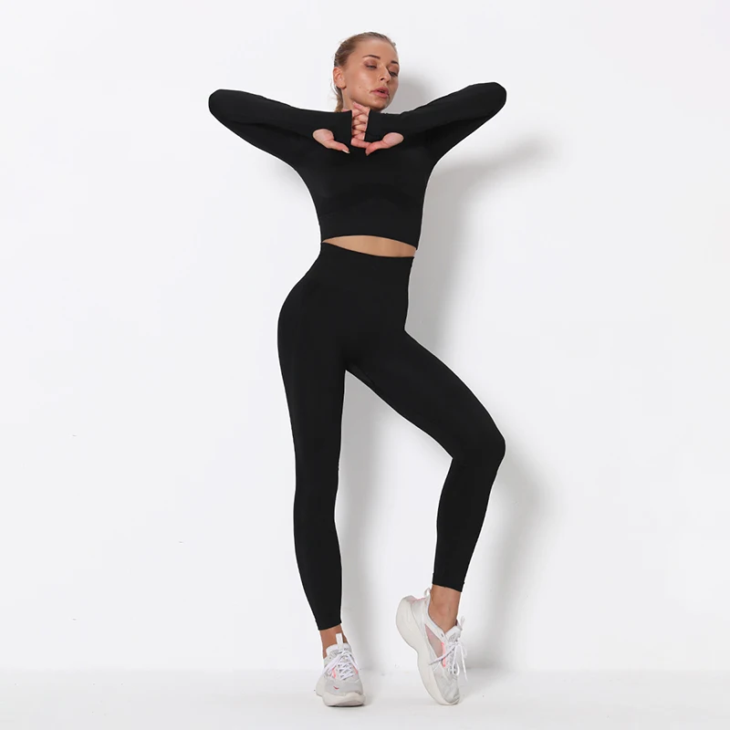 

Long Sleeved Back Hollow Yoga Clothes Elasticity High Waist Tight Hips Sports Fitness Two Piece