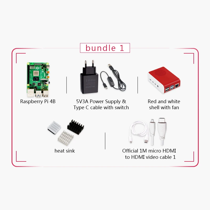 Original Raspberry Pi 4 Model B 1G Kit Pi 4 board Micro HDMI Cable Power Supply With Switch Case With Fan Heat Sinks