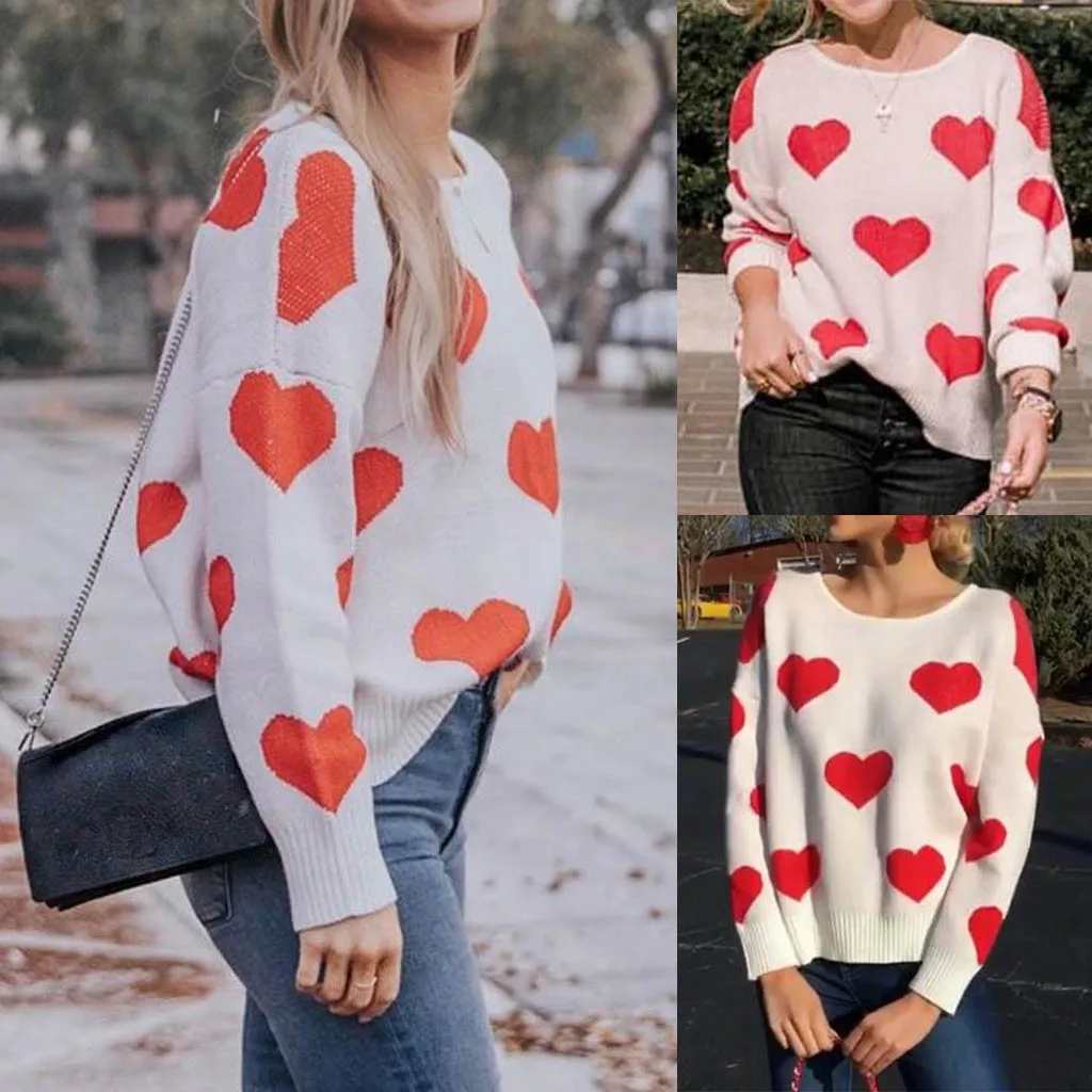 BacklLove свитер с узором из сердечек женские свитера круглым вырезом Mujer пуловер