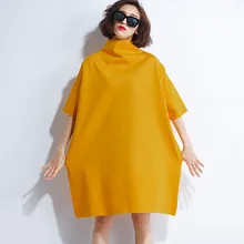 LANMREM/желтое платье с высокой горловиной и пятиточечным рукавом, свободное, плюс женское, повседневное, милое, простое, модное,, Осеннее, новое, TD142
