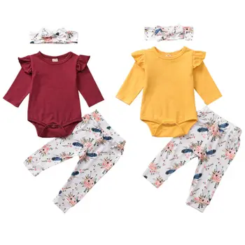 

2019 Autumn New Arrival Newborn Baby Girls Outfits Clothes Romper Bodysuit +Long Pants + Headband Outfit lovely flower clothes