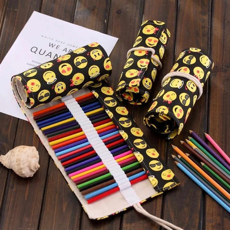 New Creative 36/48/72 Holes Cartoon Stationery Pencil Bag Wrap Roll Up Large Capacity Student Pencil Case Art Storage Supplies