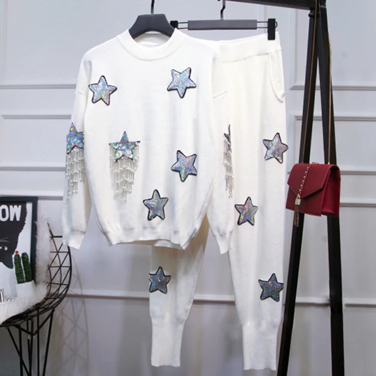 HIGH STREET Новый стильный 2019 Подиум костюм набор женщин блестками звезда свитер брюки набор