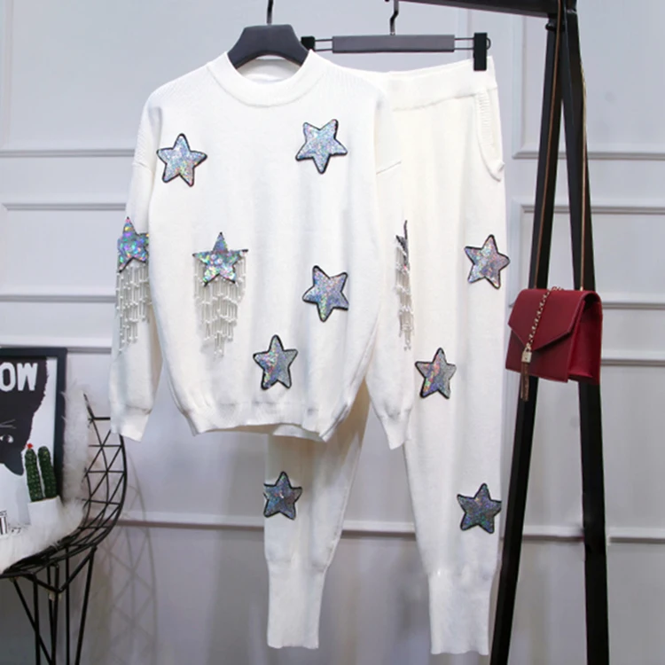 HIGH STREET стильный Подиум костюм набор женщин блестками звезда свитер брюки набор