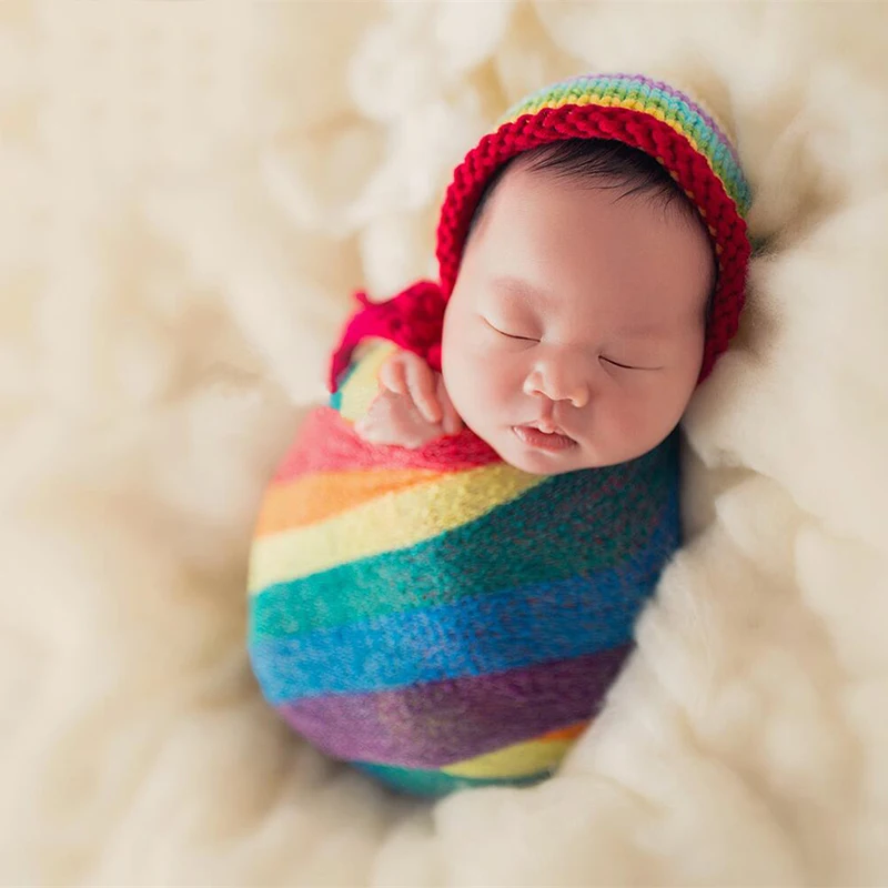 

Colorful Stripe Rainbow Wraps Stretch Knitted Photo Wraps Hammock Swaddling Soft Cotton Wraps For Newborn Photography Props