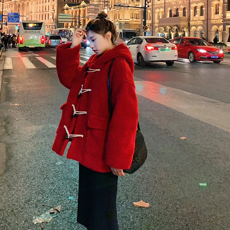 

Christmas New Year Bright Red Toggle College Style Hooded Thick Berber Fleece Furry Velvet Loose-Fit Medium-length Coat