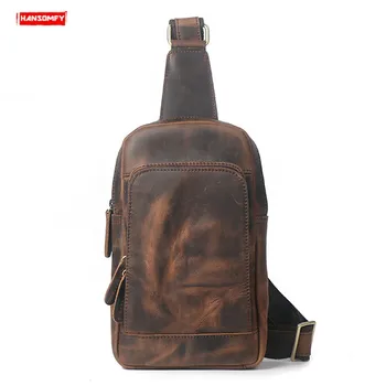 

New Retro Genuine Leather Men's Chest Bag Mobile Phone Messenger Bag Sports Small Shoulder Bag Crazy Horse Leather Vintage Soft