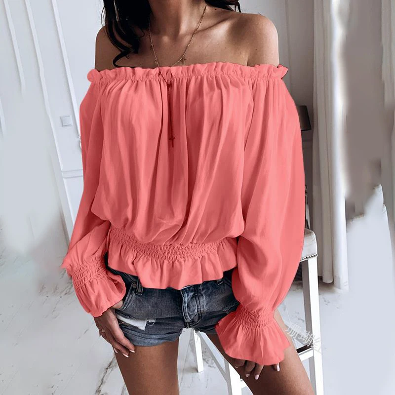 

Ladies Solid Color blouse Sexy Tops Pullover Boat Neck Long Sleeve Loose Large Size summer fall ruffle off shoulder shirt women