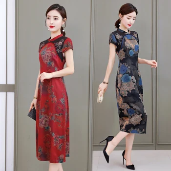 

Real Shot Silk Dress 2020 New Cheongsam Temperament Vintage Dress Women Summer Clothes Red Black Plus Size