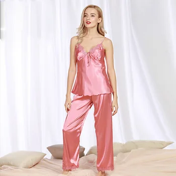 

Female Pajamas Summer Silk Loose Ladies Home Sexy Lingerie Nightdress Sets Lace Up Long Sleeve Pants Suits Silk Home Wear Robe