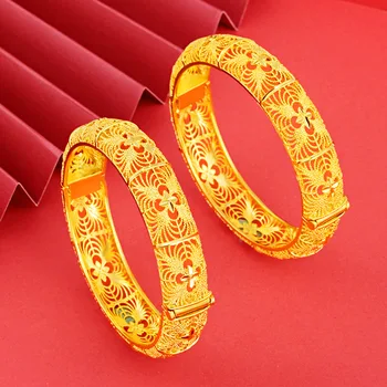 

Luxury 24K Yellow Gold Bracelet Bangles For Women Fashion Brushed Hollow Female Bracelet Wedding Birthday Fine Jewelry Gifts