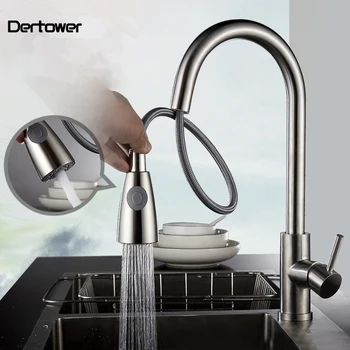 

Kitchen Faucets Silver Single Handle Pull Out Kitchen Tap Single Hole Handle Swivel 360 Degree Water Mixer 304 Stainless Steel
