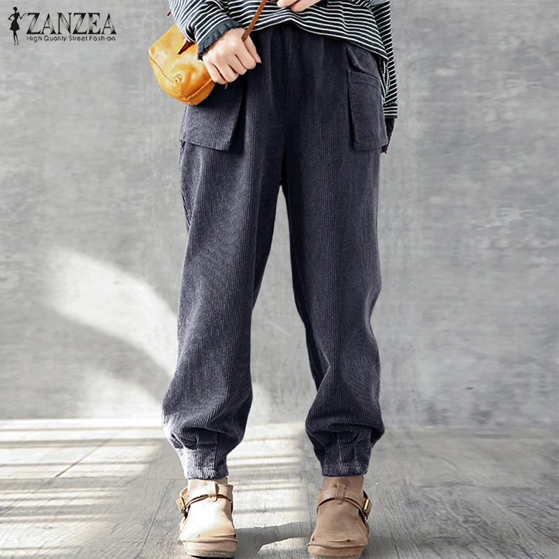 

ZANZEA Women Corduroy Pants Vintage Casual Harem Trouser Female Straight Pants 2019 Autumn Winter High Waist Trousers Plus Size