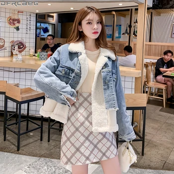 

Harajuku Thick Velvet Winter Coat Women Fashion Patchwork Two Piece Set Lambswool Denim Jacket Loose Jean Short Outerwear Female