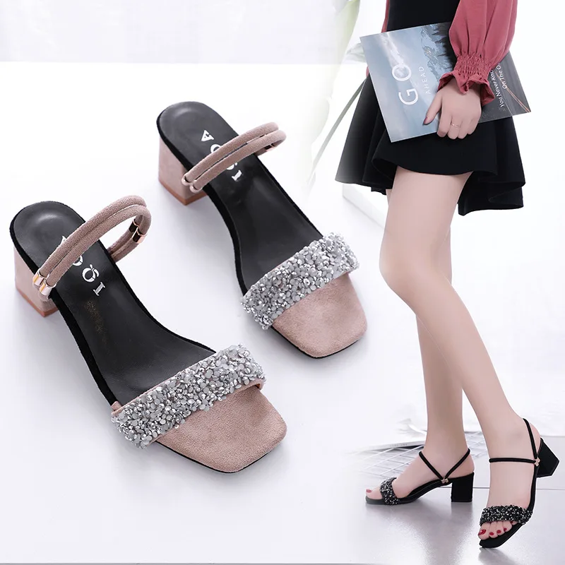 

Man-made Diamond Peep Toe Chunky Heel Large Size Sandals Women's Summer 2019 New Style Korean-style High-Heel Sandals Double Pur
