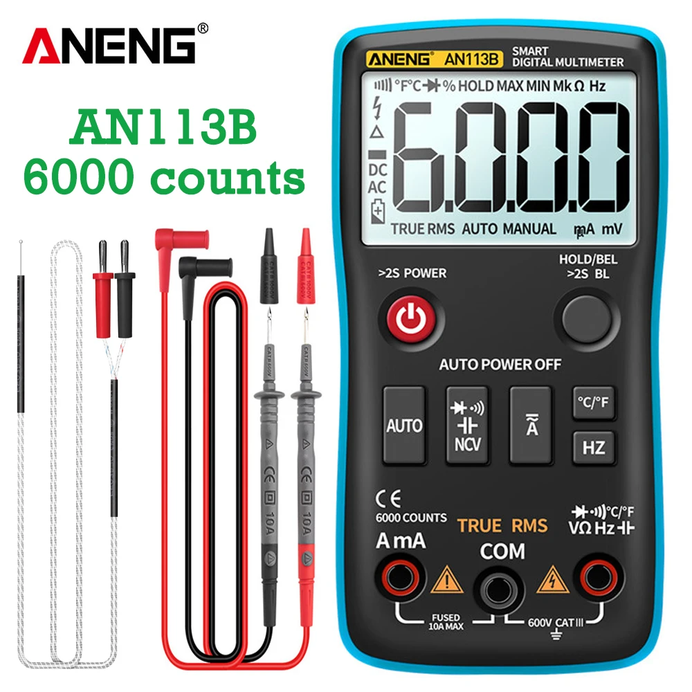 

ANENG AN113B Digital Multimeter True RMS with Temperature Tester 6000 Counts Auto-Ranging AC/DC Transistor Voltage Meter