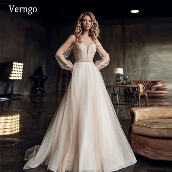 

Verngo 2021 New Design Two Pieces Wedding Dress With Pearls Tulle Jacket Sash Long Sleeves Light Champagne Bridal Gowns