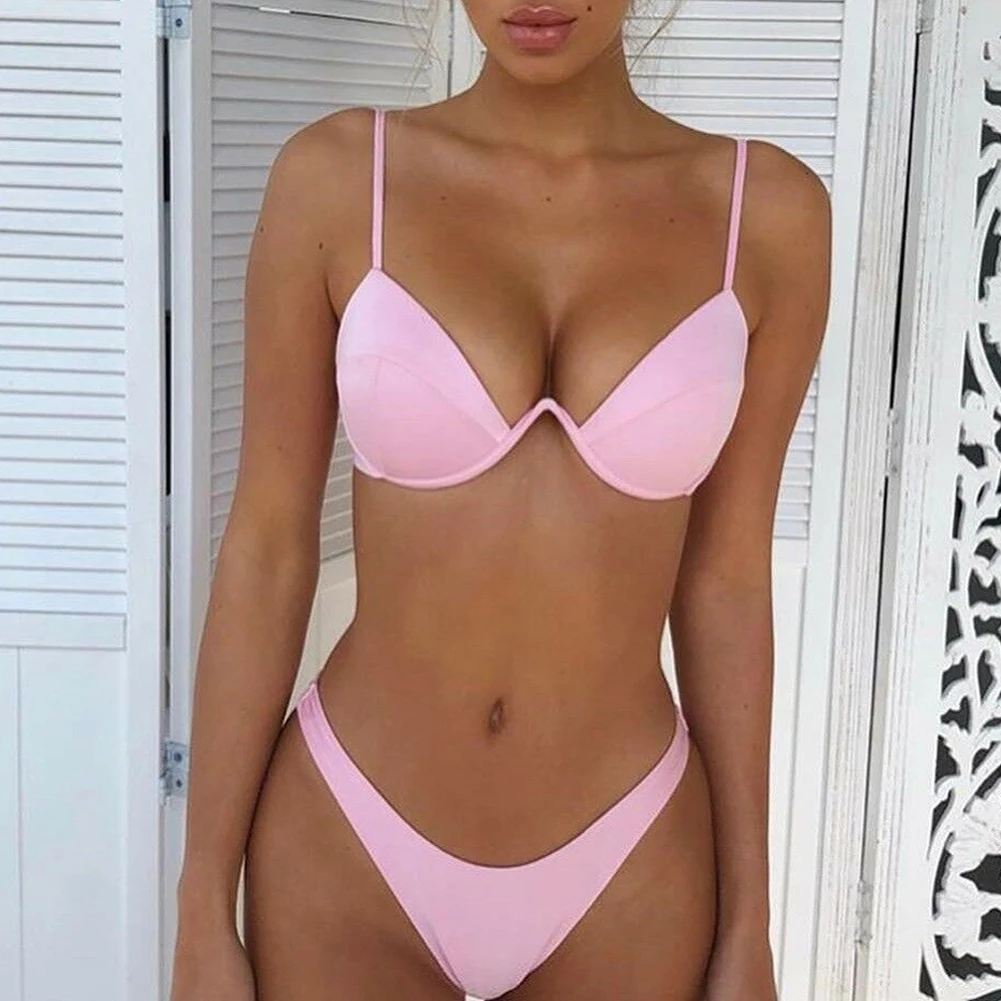 

Women Fashion Padded Bra Bikini Set Swimsuit Ladies Solid Bandage Push-up Triangle Swimwear Bathing Suits Biquini Swimwear