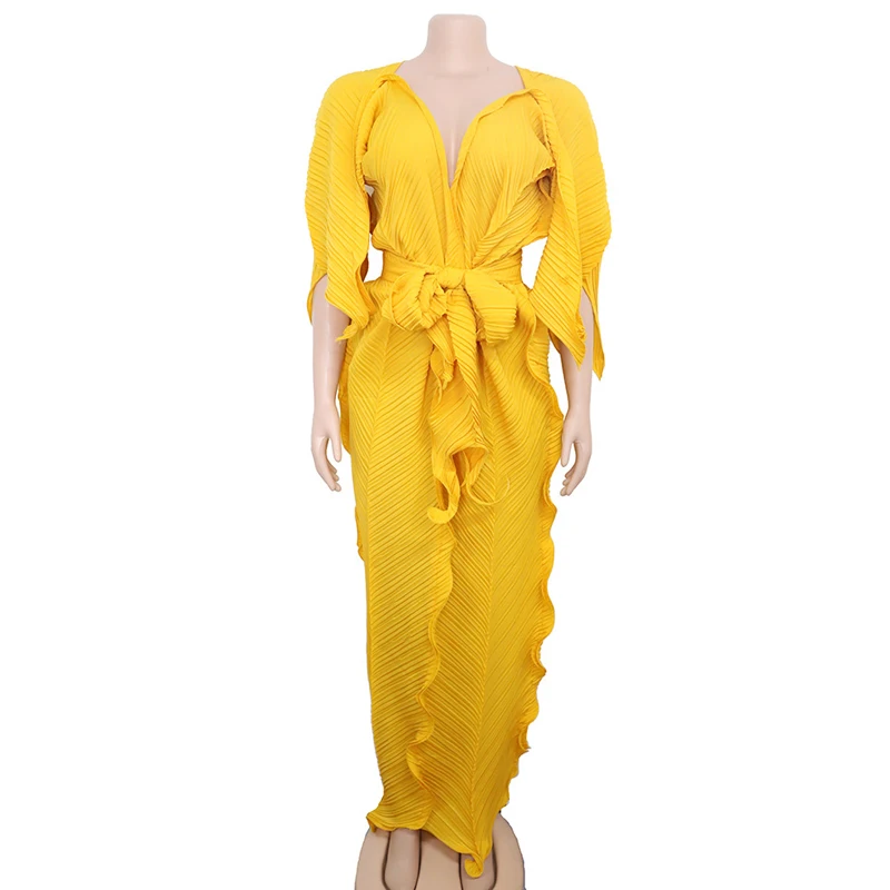 Женское Повседневное платье с коротким рукавом и v-образным вырезом, свободное Макси платье с оборками, однотонное шикарное платье с поясом, элегантное вечернее платье, Vestidos - Цвет: Цвет: желтый