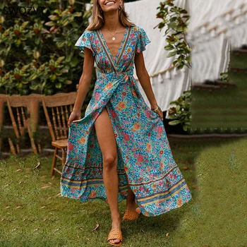 

2020 Summer Women Dress Fashion Print V-neck Front Split floral dresses Casual Short Sleeve Women Long Maxi Dress Party Dresses