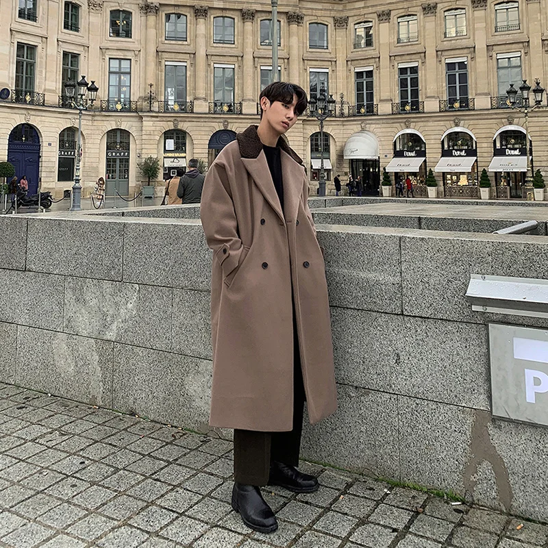 

Men Double Breasted Vintage Fashion Casual Loose Wool Long Coat Windbreaker Male Streetwear Woolen Jacket Outerwear