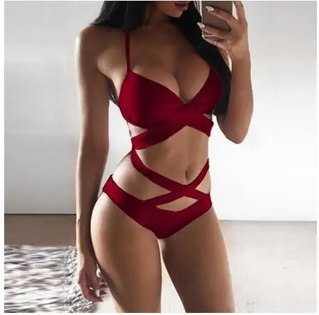 Red 7 Color Women's Sexy Solid Color High-Top One-Piece Swimsuit To Increase Thicker Bra Swimsuit Bikini Swimsuit Popular - Цвет: Red
