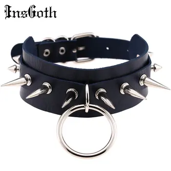 

InsGoth Sexy Gothic Necklace Metal Big O-Round Punk Leather Choker Necklace Party Hip Hop Rock Spike Rivet Choker Jewelry