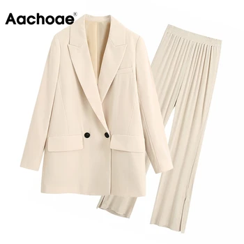 

Aachoae Women Office Wear Solid Blazer Set 2020 Double Breasted Blazer Coat With Straight Split Pants Elegant Outfits Sets