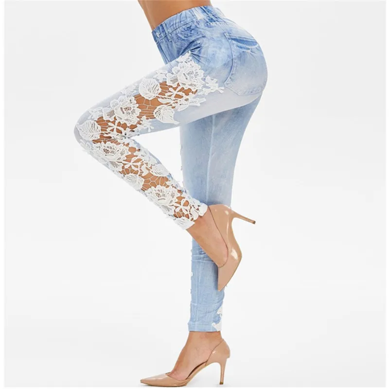 Women's Jeans High Waist Hole Jeans Button Slim Elastic Waist Perspective Lace Trousers Pant Boyfriend Jeans For Women E15