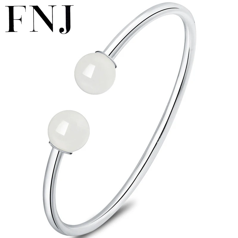 

FNJ 10mm Hetian Jade Bangle 925 Silver Original pure S925 Sterling Silver Bangles for Women Fine Jewelry Romantic Ball Stone