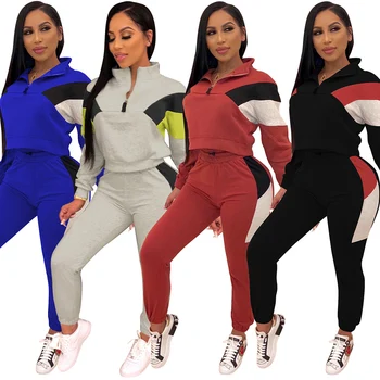 

TWO PIECE SET Women Tracksuit Patchwork Top Jogger Pants Sweat Suit Sweatshirt Sportswear 2 Piece Set Plus Size Autumn Winter PC