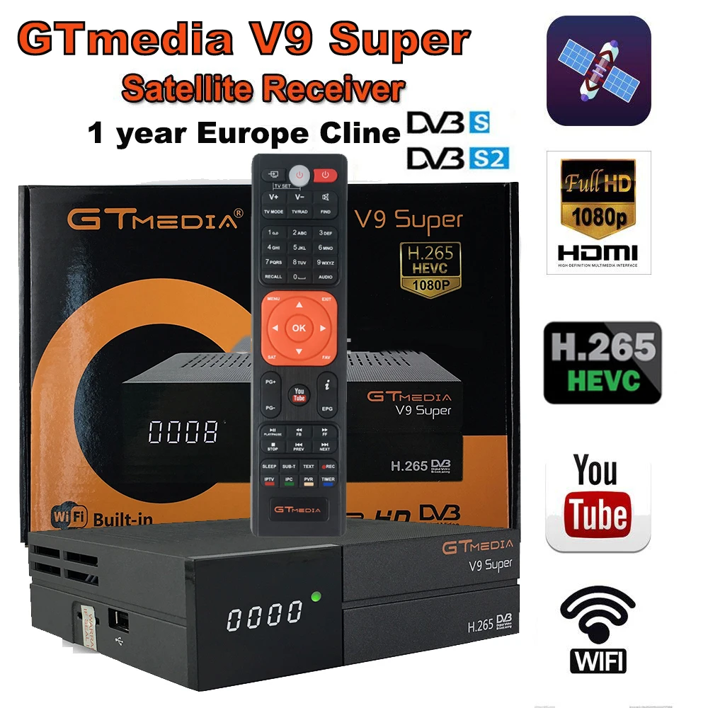 Gtmedia V9 Super HD 1080P Цифровое спутниковое телевидение приемник DVB-S2 с 1 год Европа 7 линий Сервер Поддержка H.265 Испания cccam Box