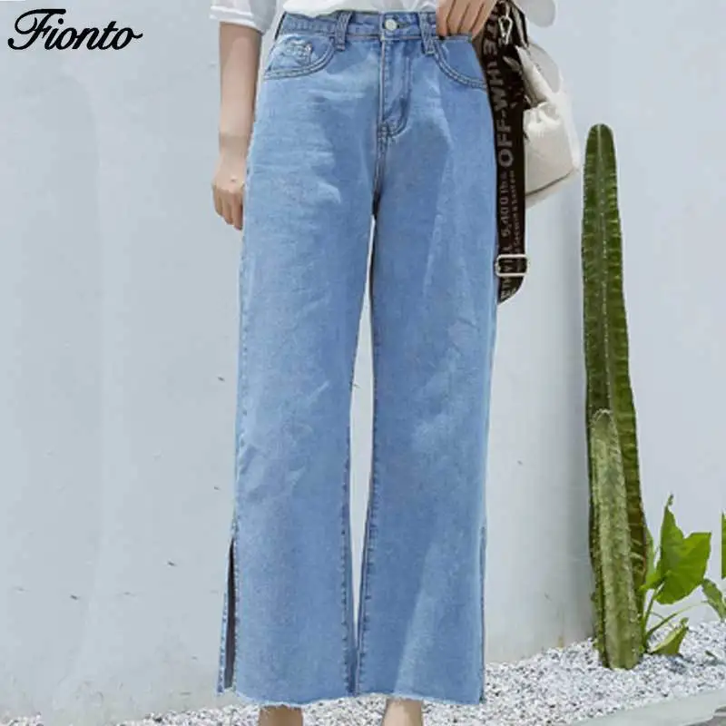 

FIONTO Spring Autumn High Waist Elastic Loose Stretch Jeans Washed Denim Side Open Fur Straight Pants for Women Mom F1127-1