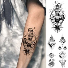 

Waterproof Temporary Tattoo Sticker Nautical Lighthouse Compass Cross Spray Flash Tattoos Black Line Body Art Arm Tato Men Women