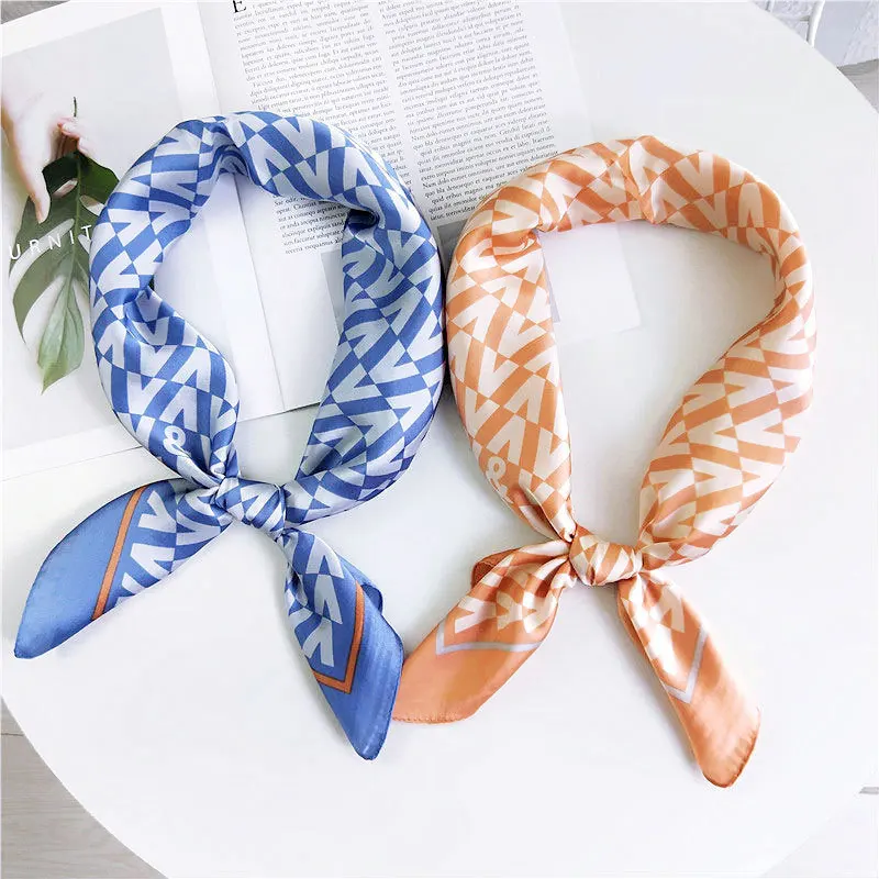 

70*70cm Capital V Women Head Scarf Neckerchief Square Silk Scarf Print Foulard Female Stylish Silky Satin Head Scarf