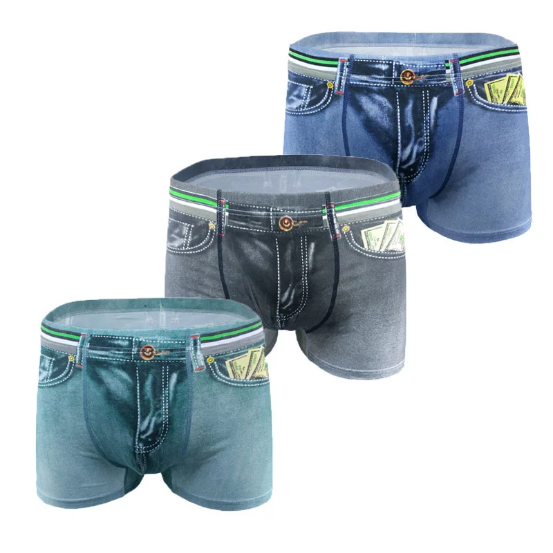 Men Big Pouch Ice Silk 3D Denim Printed Shorts Fake Jean Underwear Boxer  Stretch Briefs New Fashion Cow Boy Underpants Trunks A5 - AliExpress