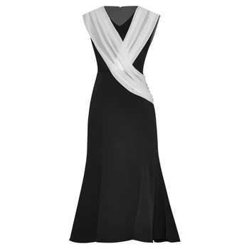 

Red RoosaRosee Sexy V-neck Draped White Black Sleeveless Pleated Midi Dress 2020 Summer New Elegant Women Party Dresses Vestidos