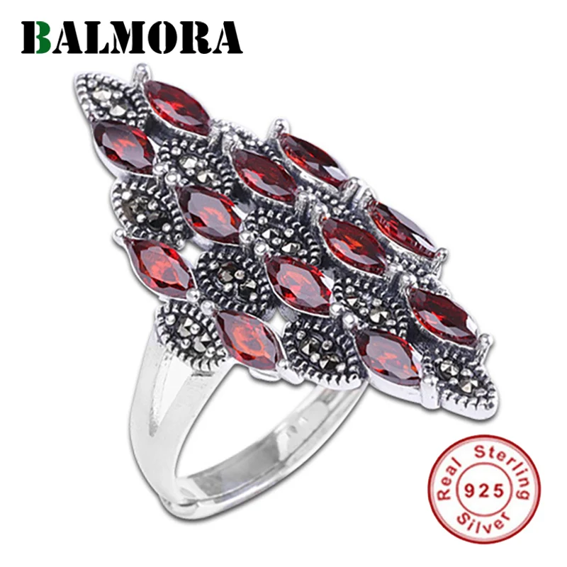 BALMORA Real 999 Чистое серебро безразмерное кольцо на палец для женщин Изысканные мозаичные красные кольца с синим камнем модные украшения Рождественские подарки