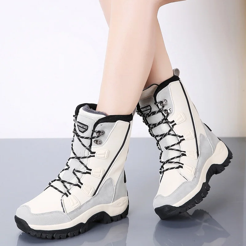 

Women snow boots Rubber Waterproof Winter boots Woman Lace Up Comfy Mid Calf Boot Women Mixed Colors Platform Shoes