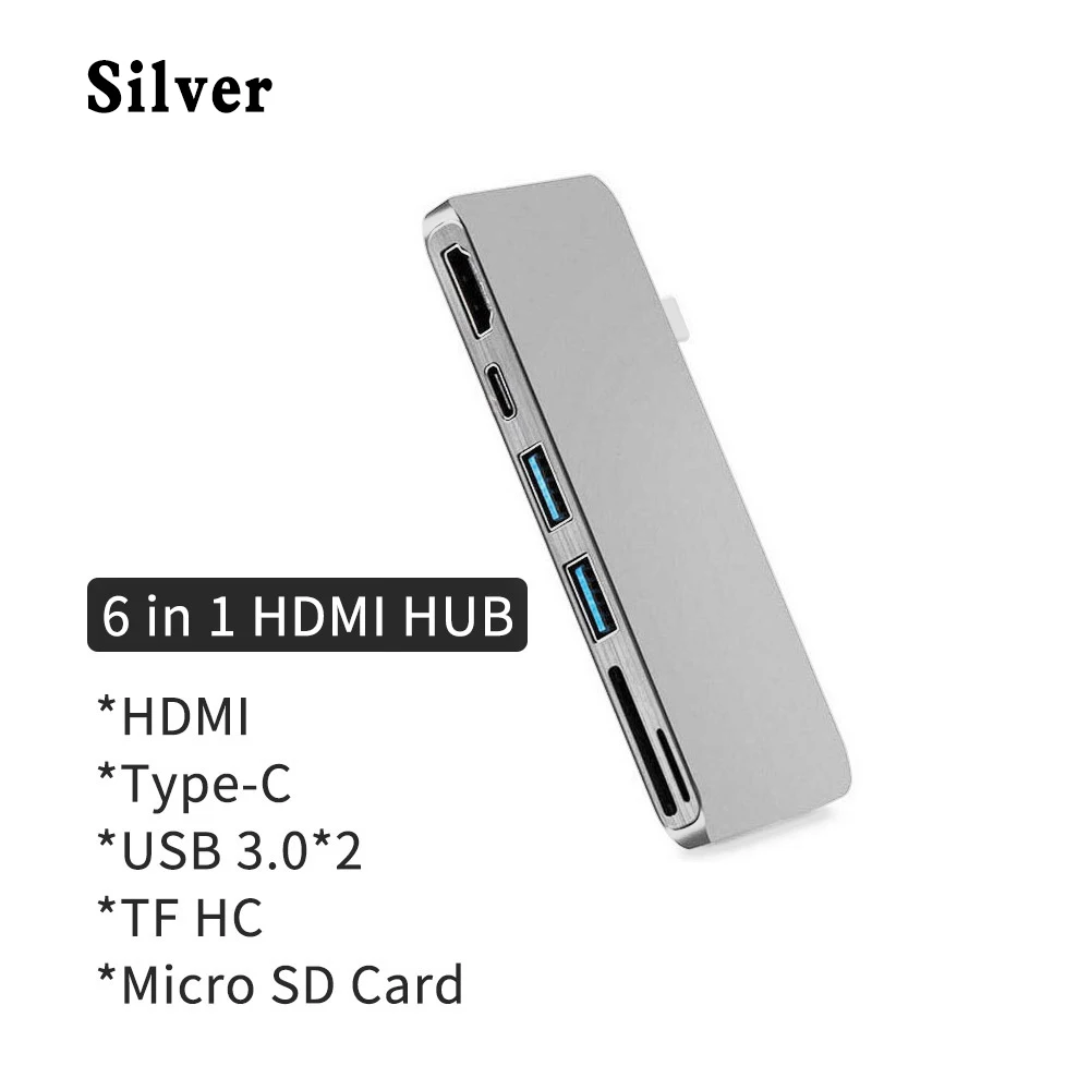 6 IN 1 HUB Silver USB C концентратор с двумя разъемами типа C для 4K HDMI адаптер для MacBook Pro док-станция HDMI концентратор с разъемом типа C на USB 3,0 PD Thunderbolt 3 док-станция USB C концентратор - Цвет: 6 IN 1 HUB Silver